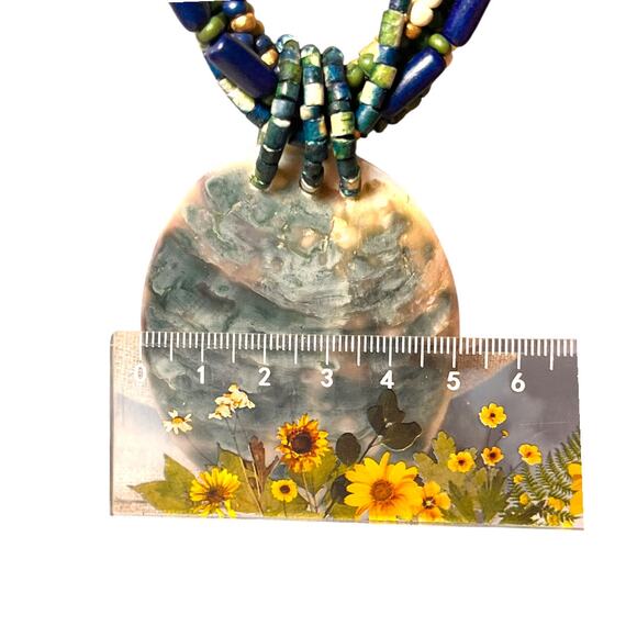 Vintage Womens Statement Necklace Abalone Blue Teal Beaded Wood Jewelry Green - Picture 8 of 8